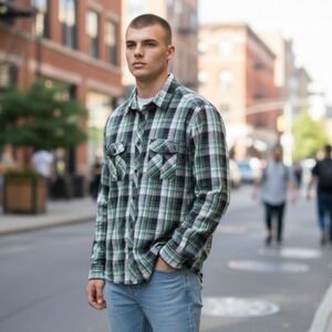 Helix Shirt Large Button Up Athletic Fit Western Plaid Roll Tab Sleeves